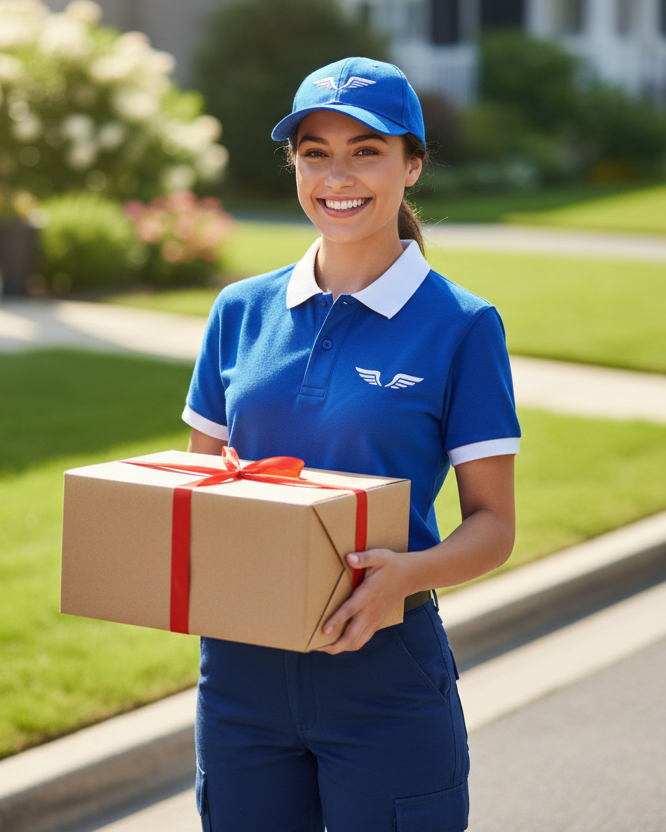 happy courier delivering a box